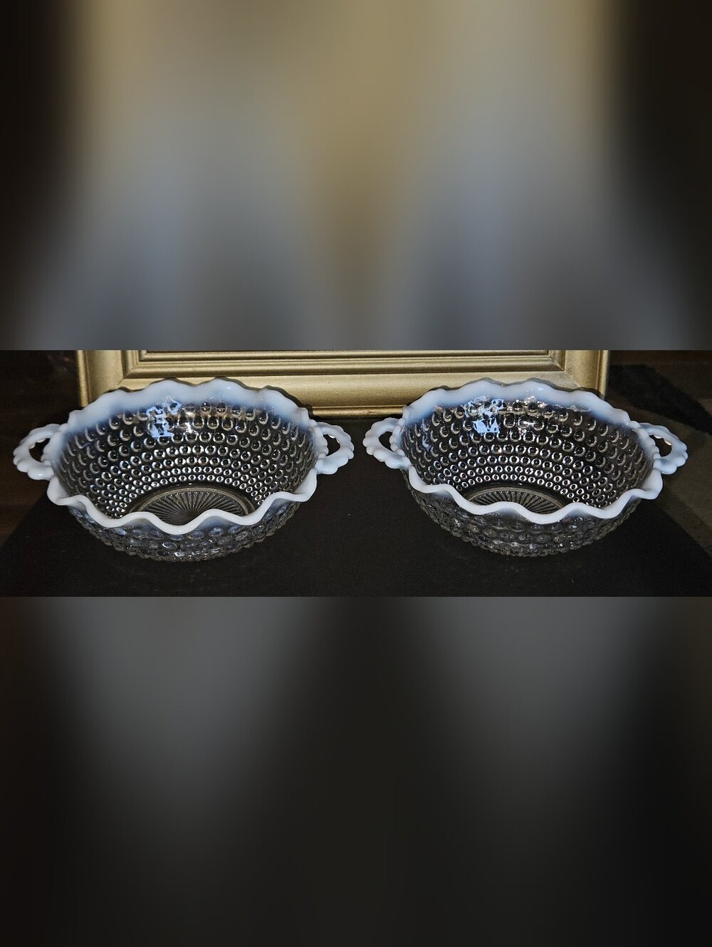 Anchor Hocking Glass White Clear Opalescent Moonstone Hobnail 2 Handle Bowl